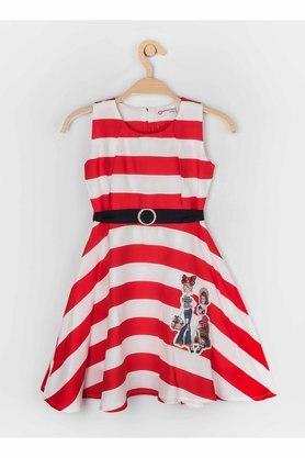 girls flared stripes round neck dress - red