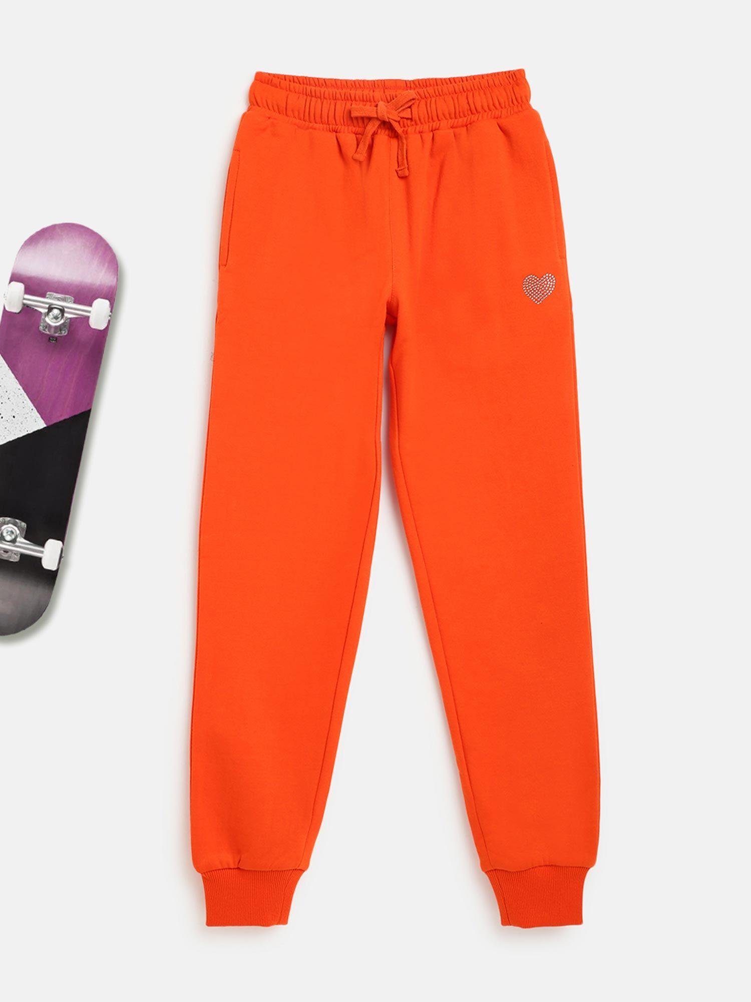 girls fleece solid track pants neon orange