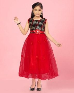 girls floral applique round-neck fit & flare dress