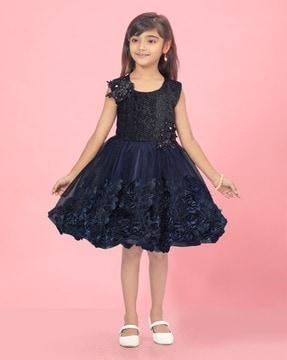 girls floral applique round-neck fit & flare dress