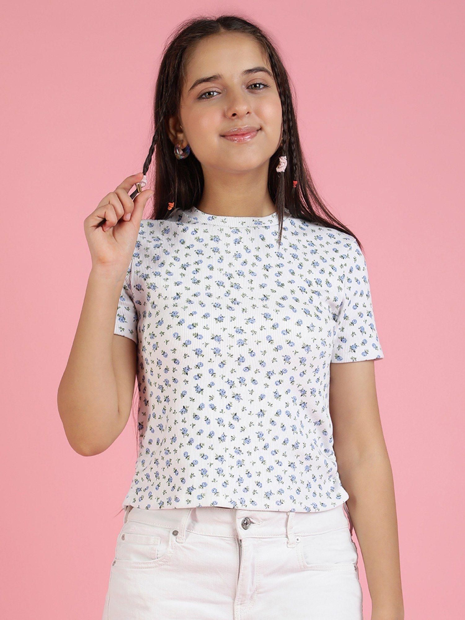 girls floral cotton ribbed top