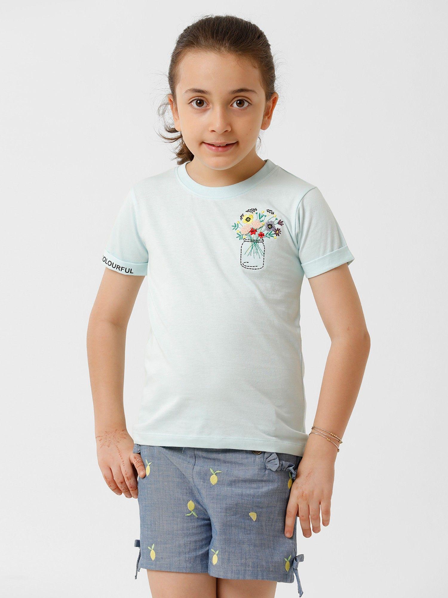 girls floral embroidered t-shirt blue