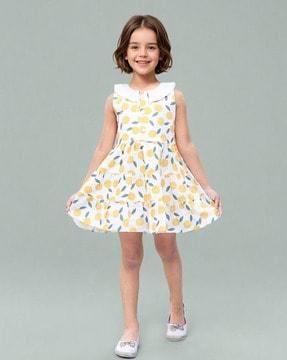 girls floral fit & flare dress with round neck