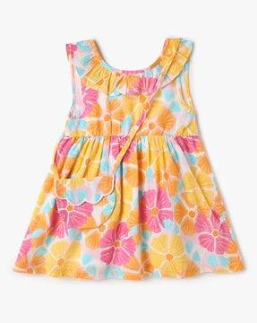 girls floral print a-line dress with bag