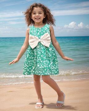 girls floral print a-line dress with bow-applique