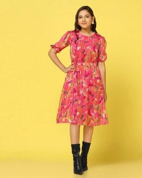 girls floral print a-line dress with puff sleeves