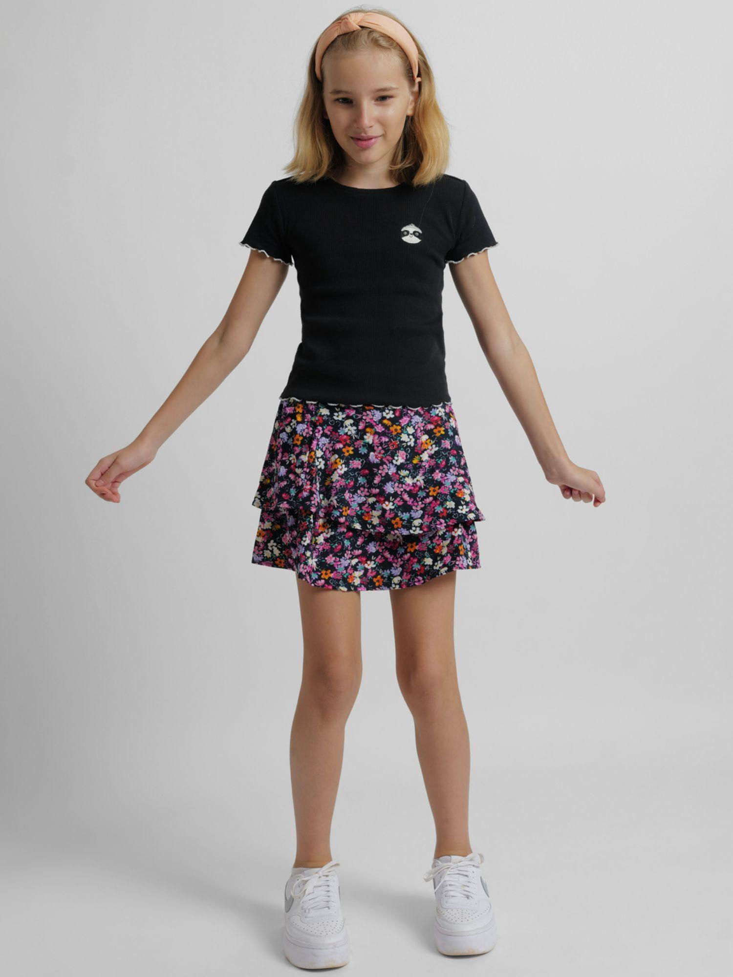 girls floral print black skirt