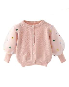 girls floral print cardigan with puff sleeves