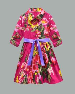 girls floral print dress with waist tie-up