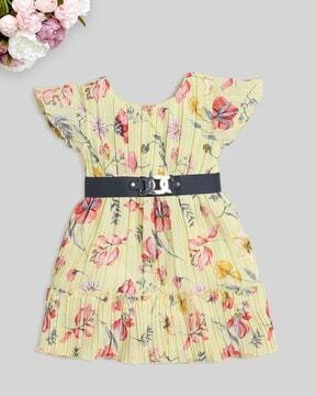 girls floral print fit & flare dress with belt