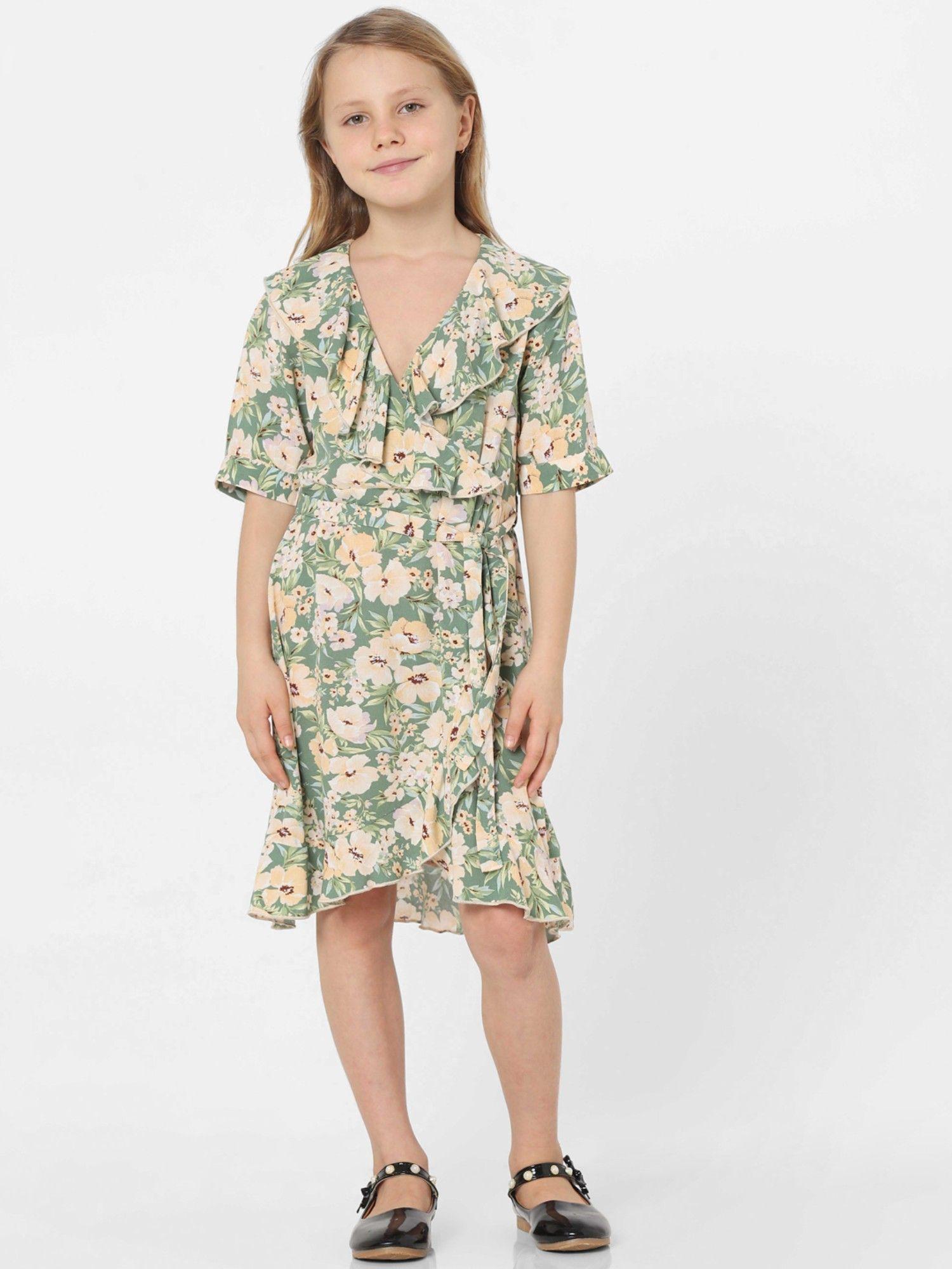 girls floral print green dress