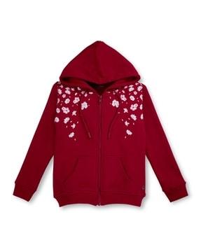 girls floral print hooded jacket with full sleeves