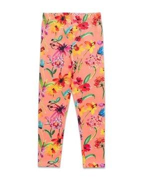 girls floral print leggings with elasticated waist
