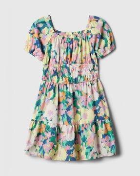 girls floral print midi dress with puff sleeves