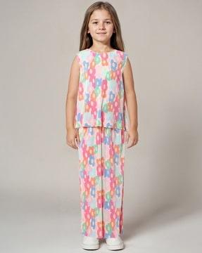girls floral print pleated woven top