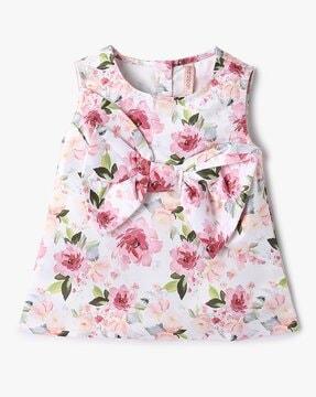 girls floral print regular fit top with bow accent