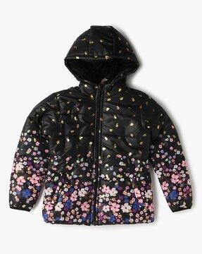girls floral print regular fit zip-front hooded jacket