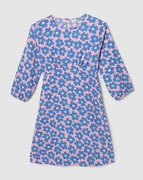 girls floral print round-neck a-line dress