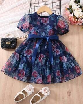 girls floral print round-neck fit & flare dress