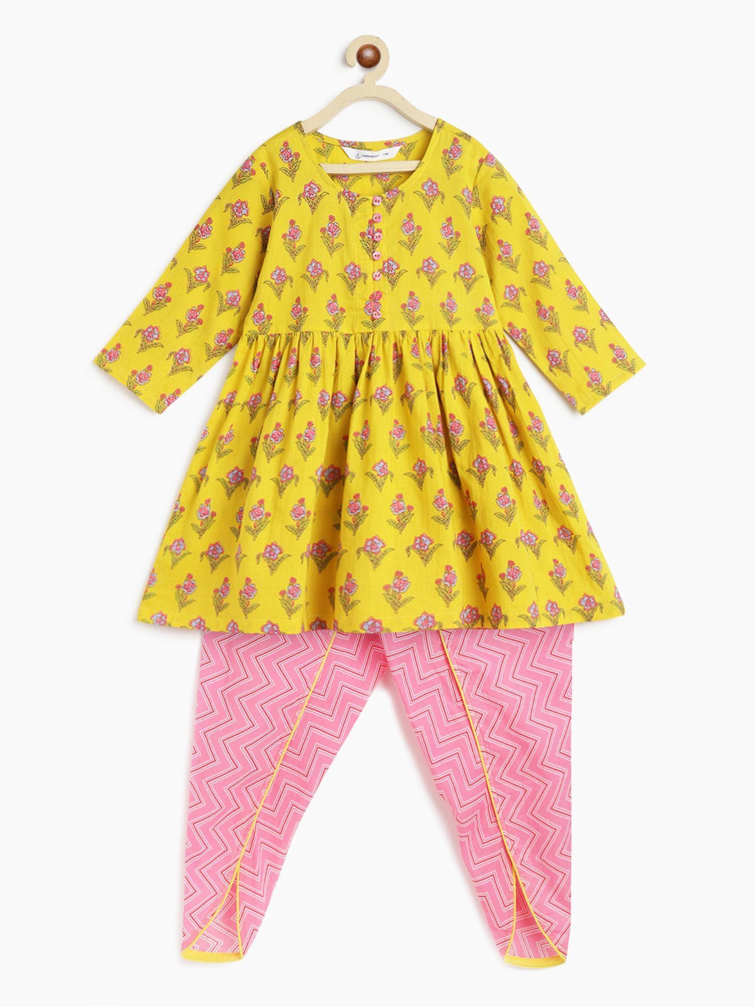 girls floral print shanah dhoti - yellow & pink (set of 2)