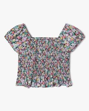 girls floral print smocked top