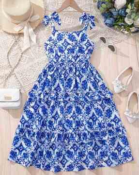 girls floral print square-neck tiered dress