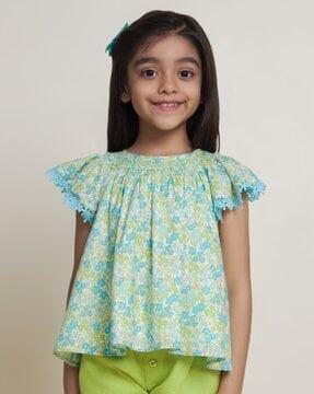 girls floral print top with lace border