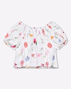 girls floral print top with puff sleeves