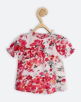 girls floral print top with puffed sleeves
