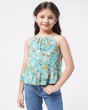 girls floral print top with tie-up neck