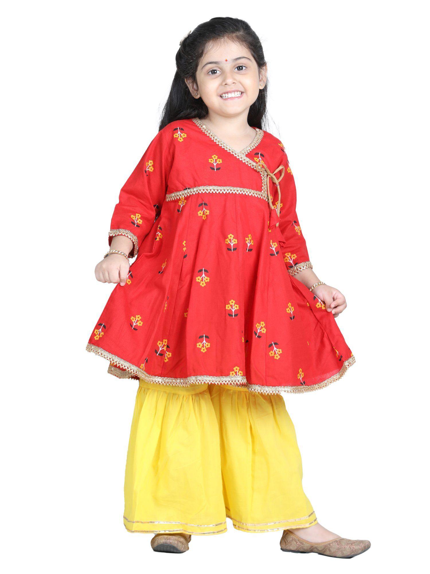 girls floral printed angrakha kurti with sharara-red (set of 2)