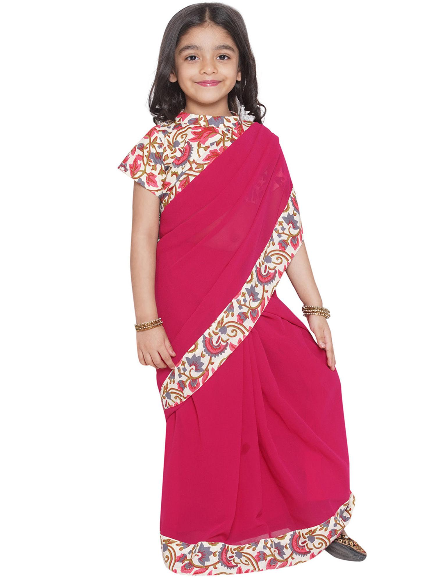 girls floral printed blouse with ready to wear saree - red (set of 2)