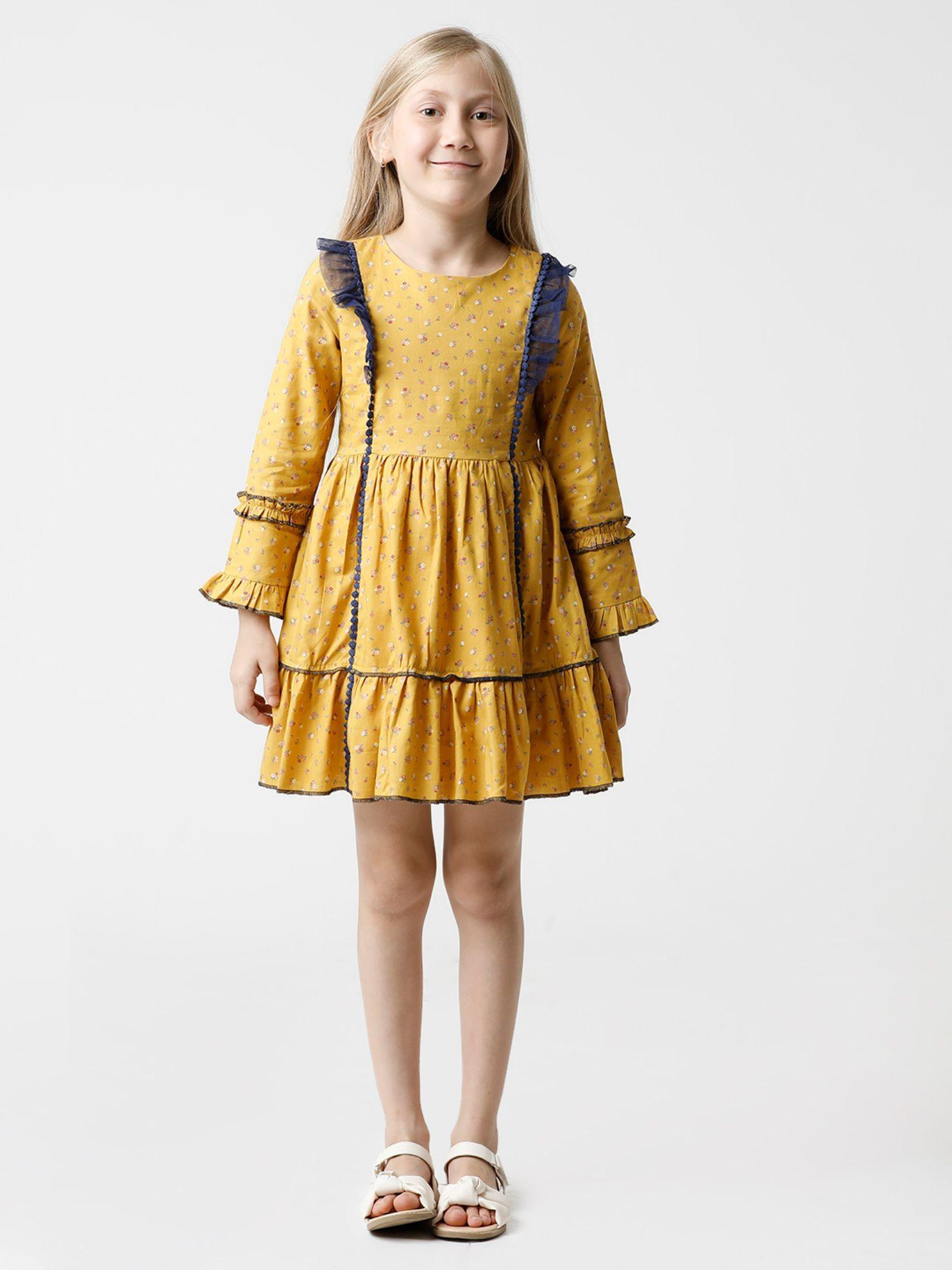 girls floral printed dress - mustard