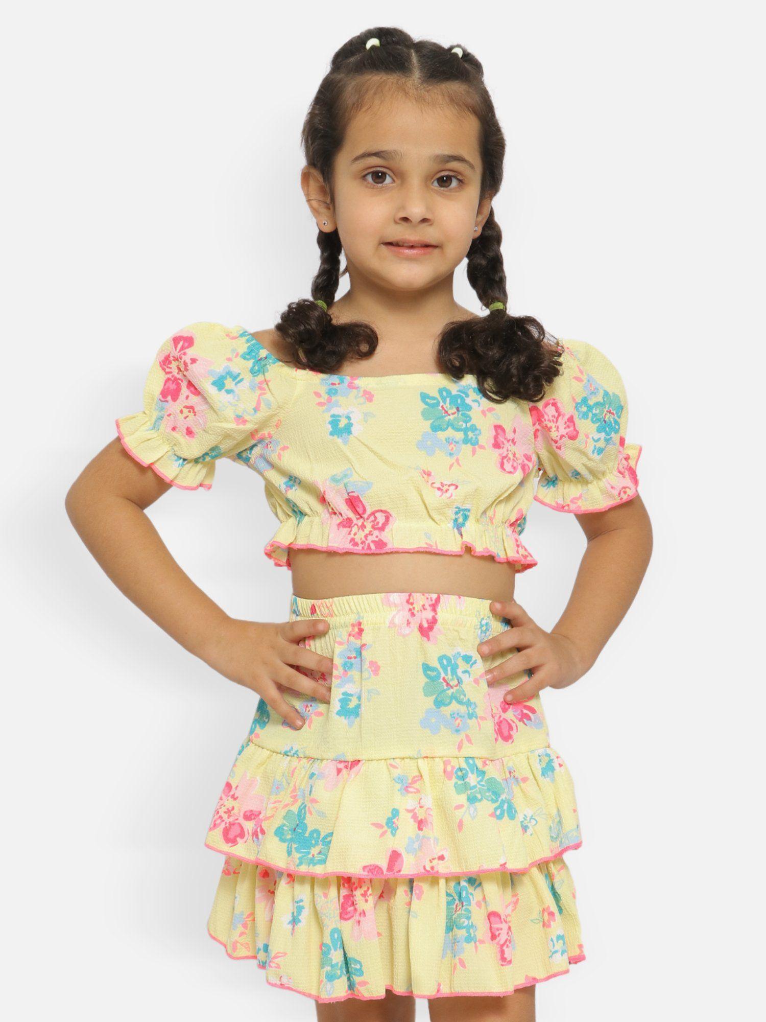 girls floral printed off-shoulder top with skirt (set of 2)