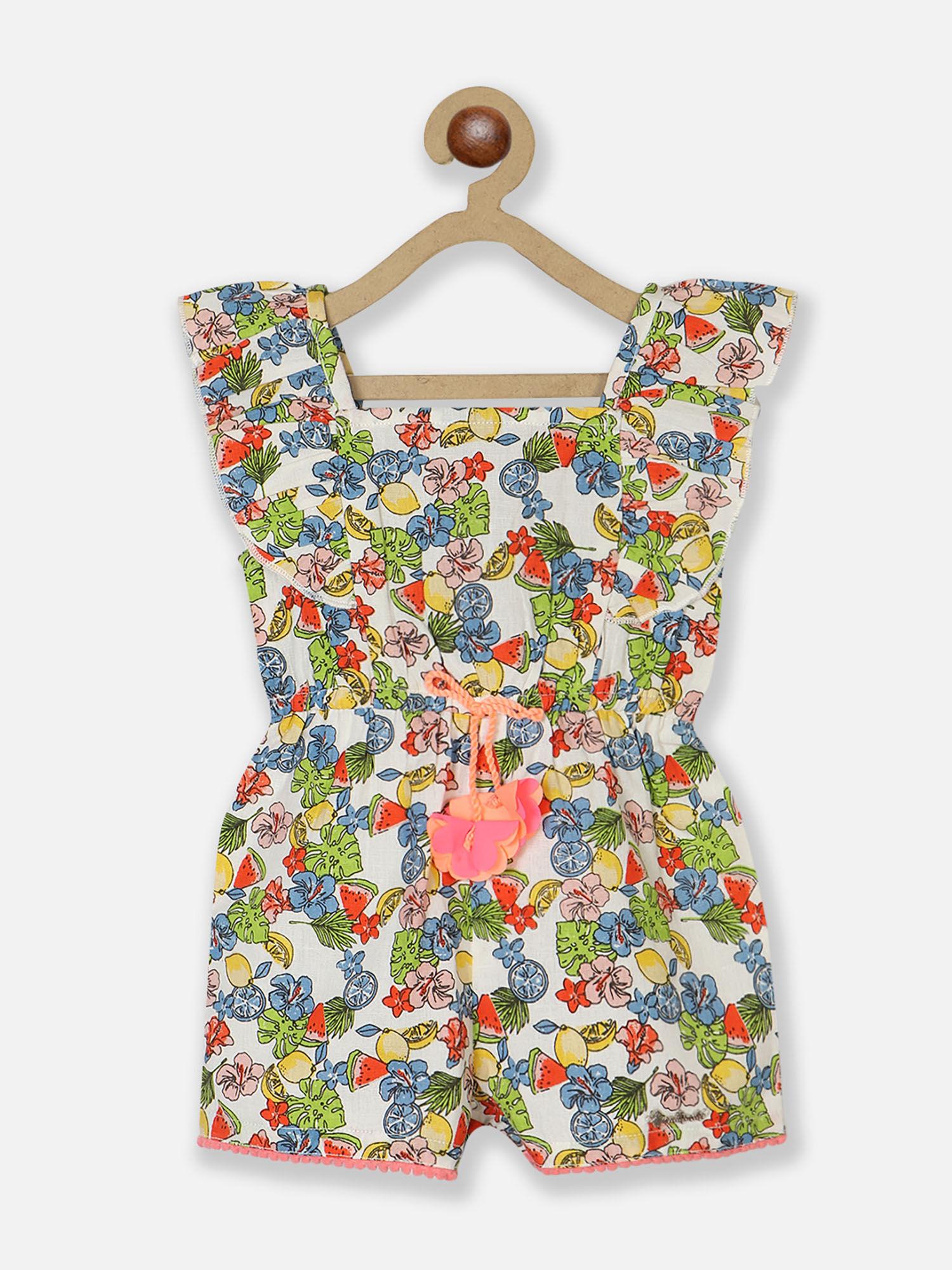 girls floral printed square neck ruffled pure cotton playsuit