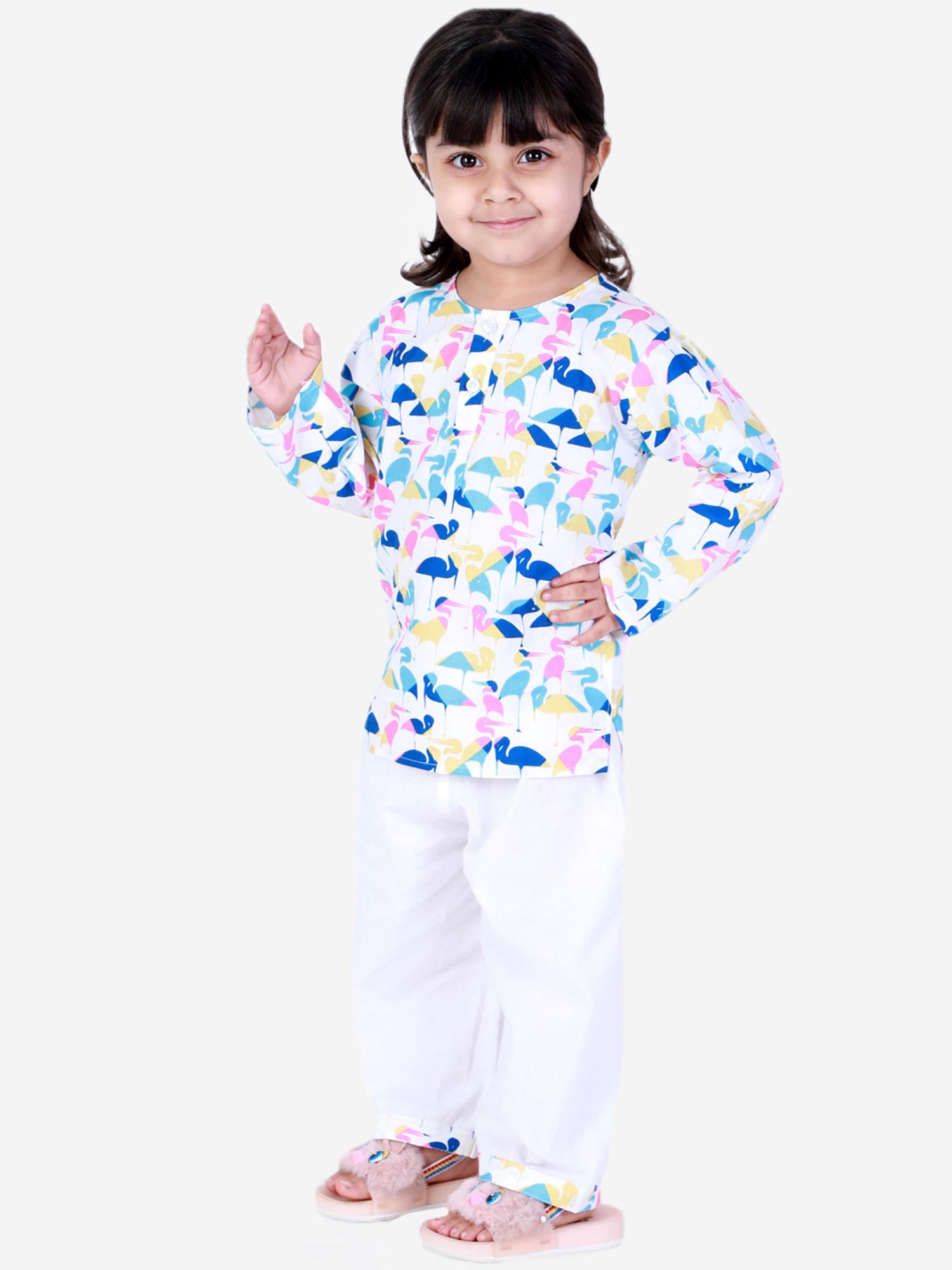 girls full sleeve printed cotton night suit-white (set of 2)