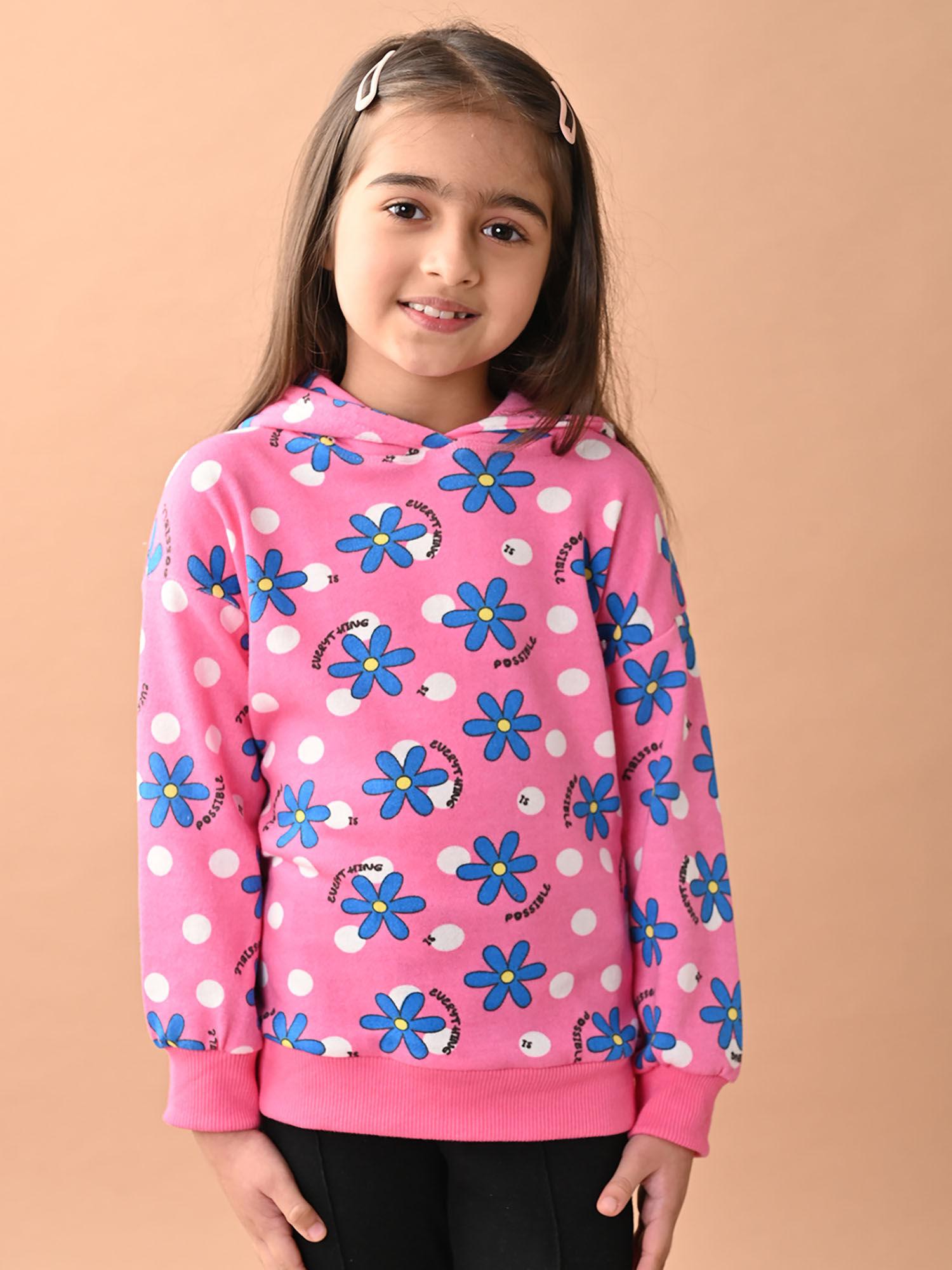 girls full sleeves floral printed hooded sweatshirt - pink