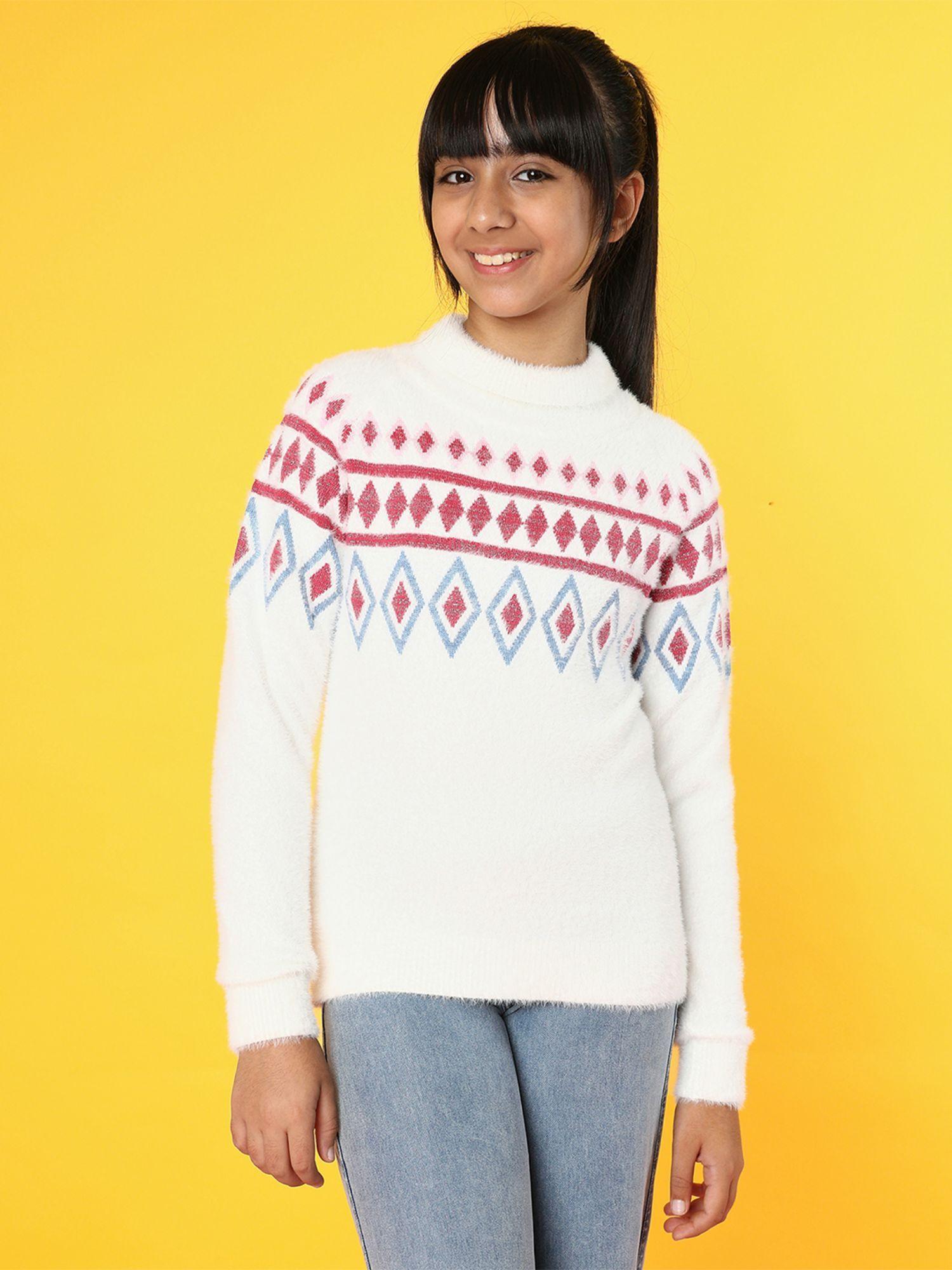 girls geometric self design pullover sweater
