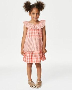 girls gingham checked cotton tiered dress