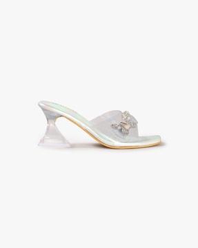 girls glass heel sandals with butterfly accent