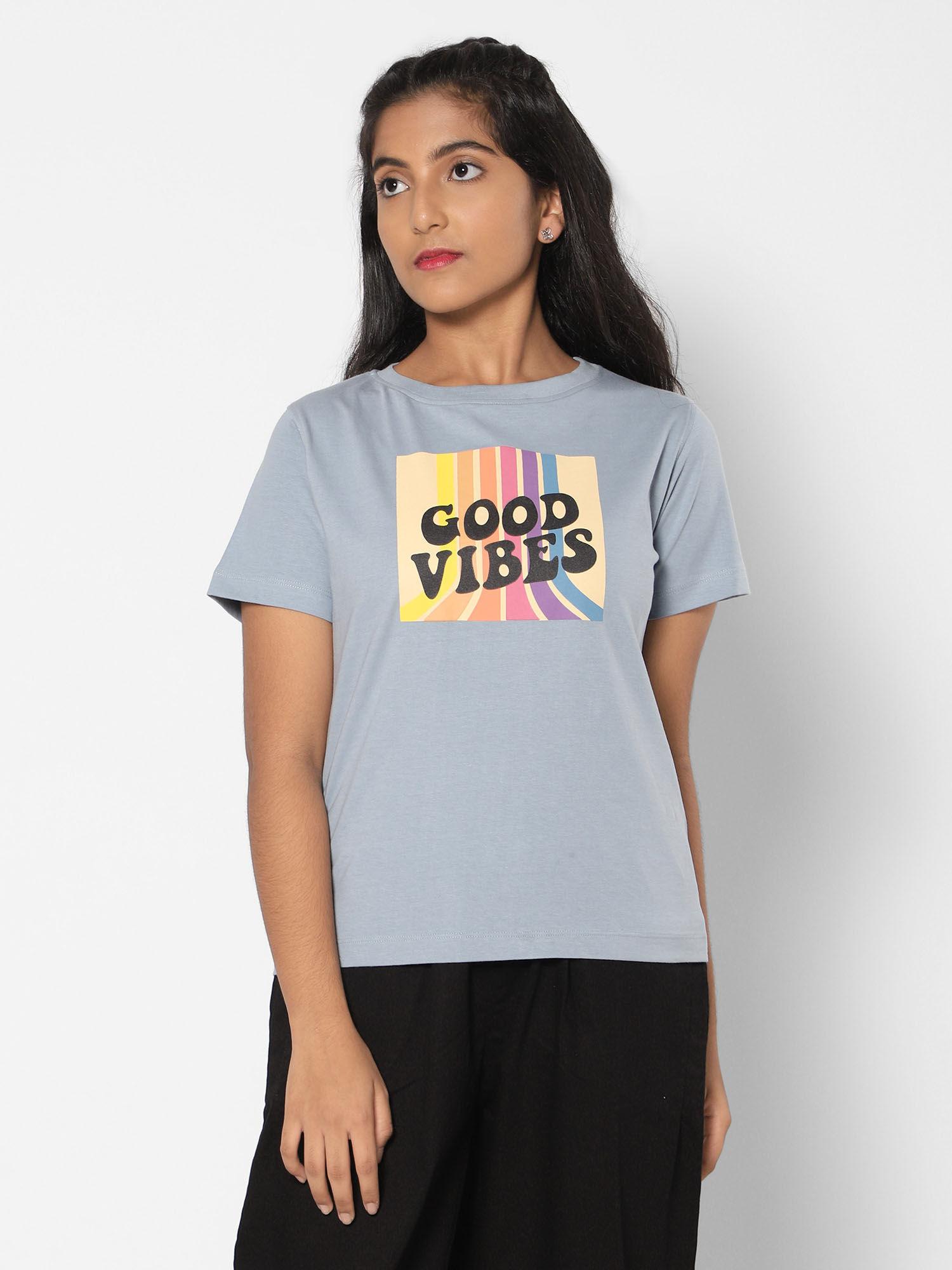 girls good vibes statement tee grey