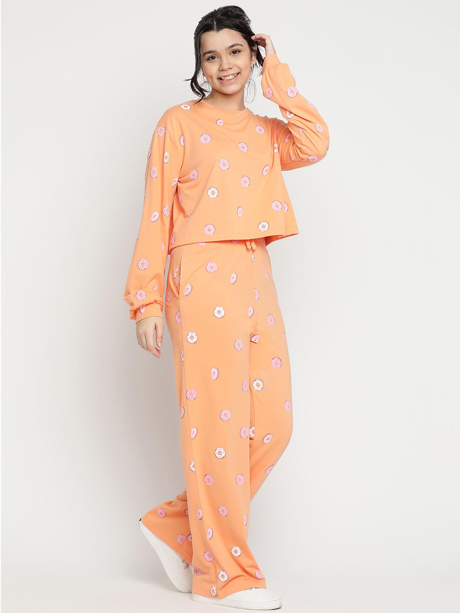 girls graphic cotton night suits - orange (set of 2)