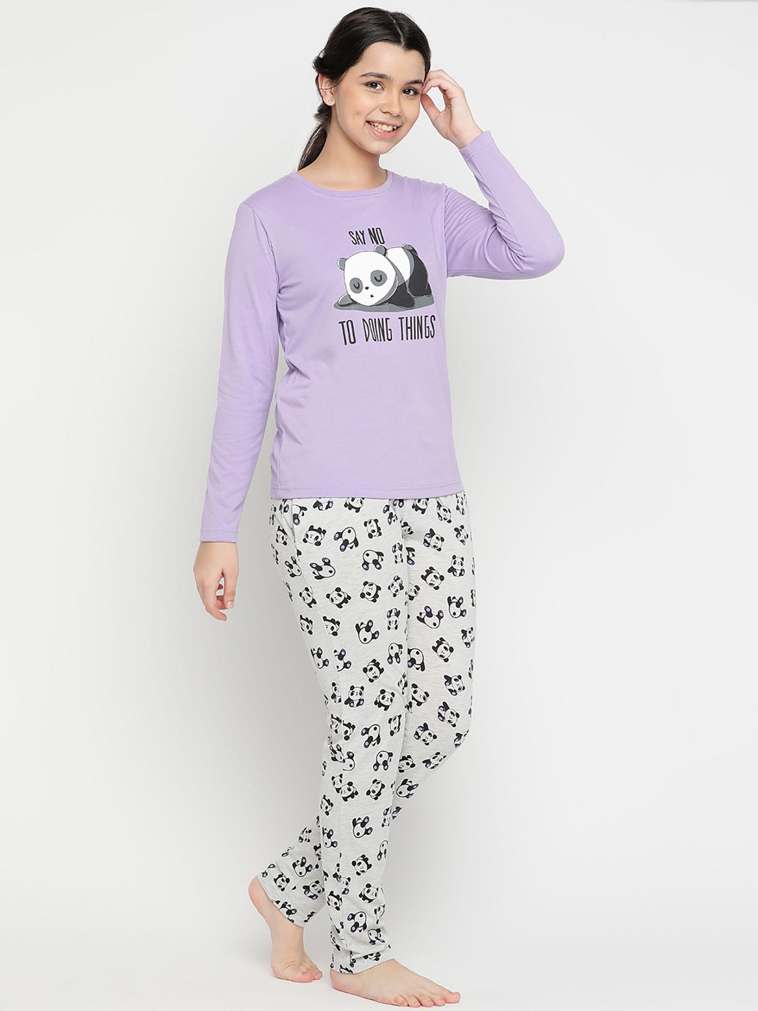 girls graphic cotton night suits - purple (set of 2)