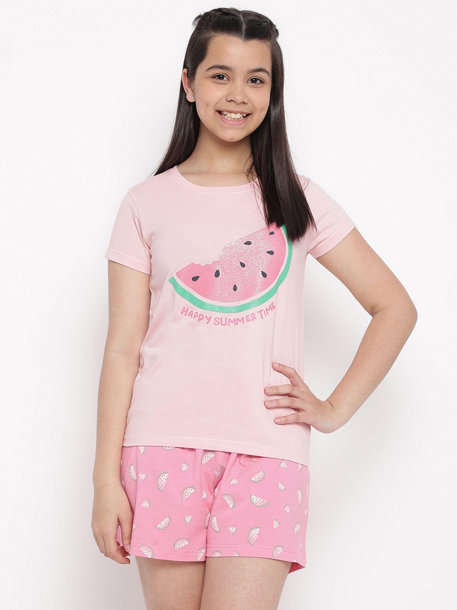girls graphic cotton night suits pink (set of 2)