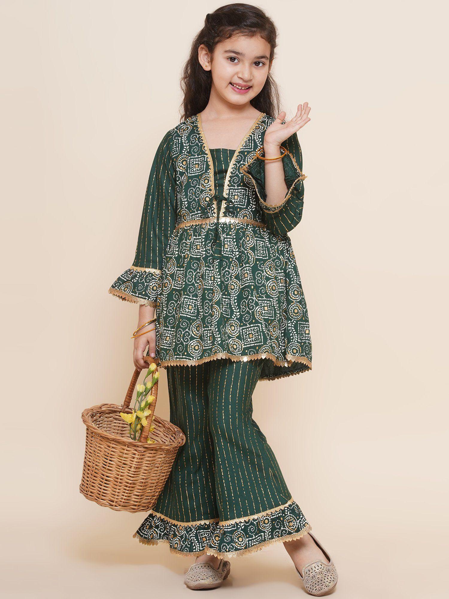 girls green cotton printed full sleeves a-line kurta sharara (set of 2)