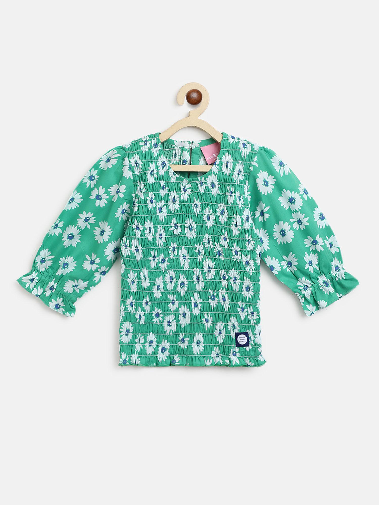 girls green cotton printed regular fit top