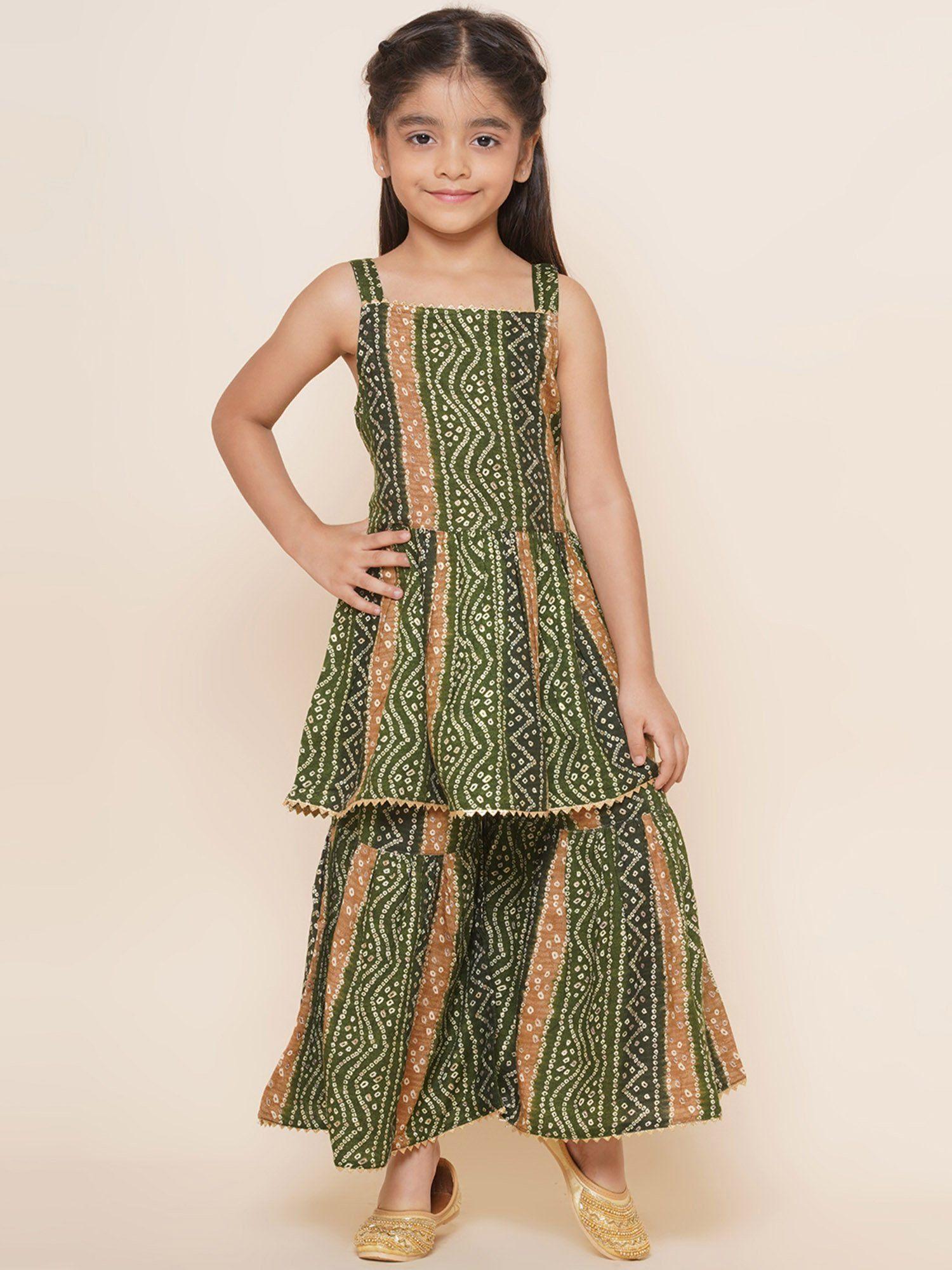 girls green cotton printed sleeveless bandhani kurta sharara (set of 2)