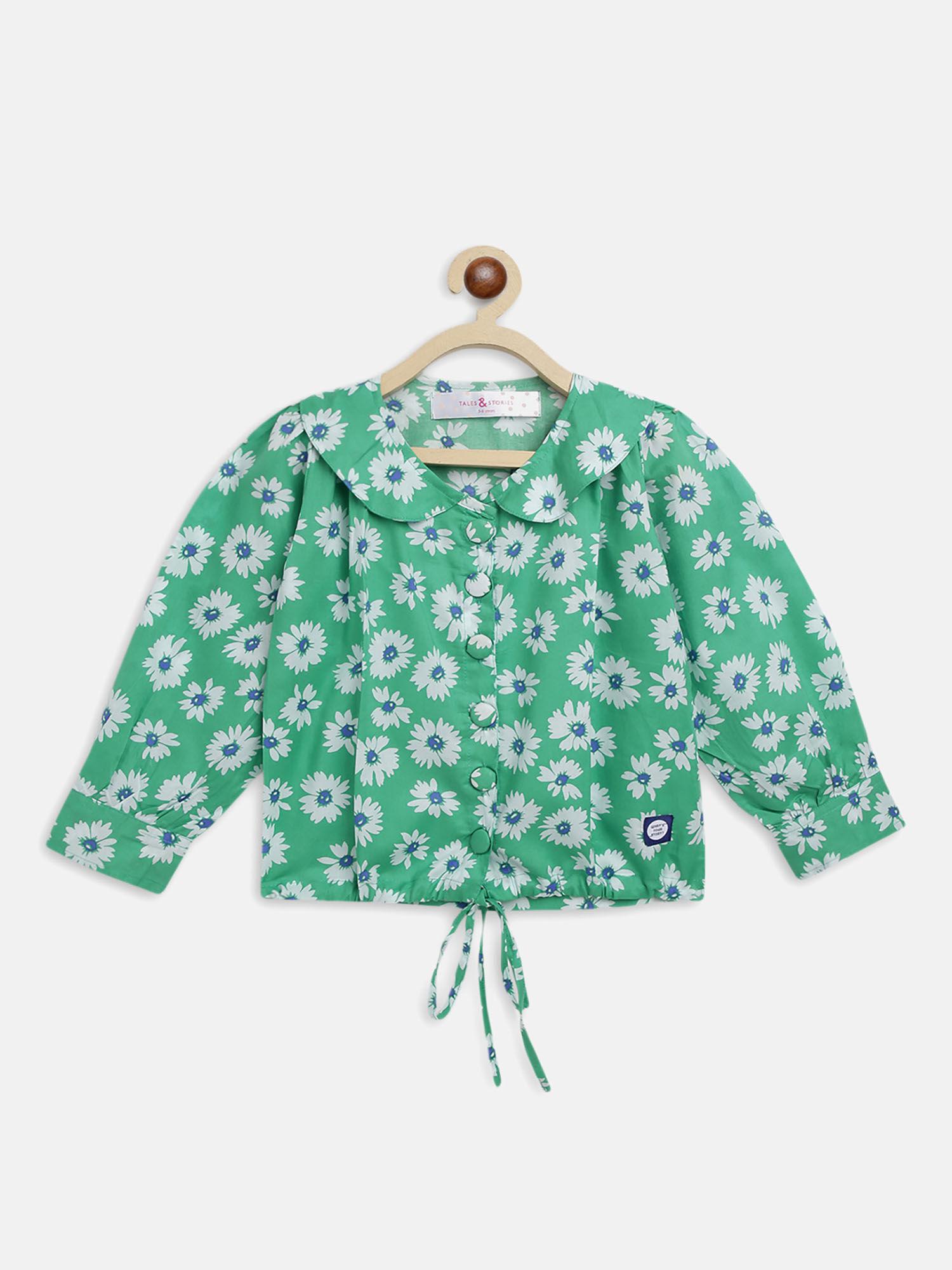 girls green cotton regular fit floral printed top