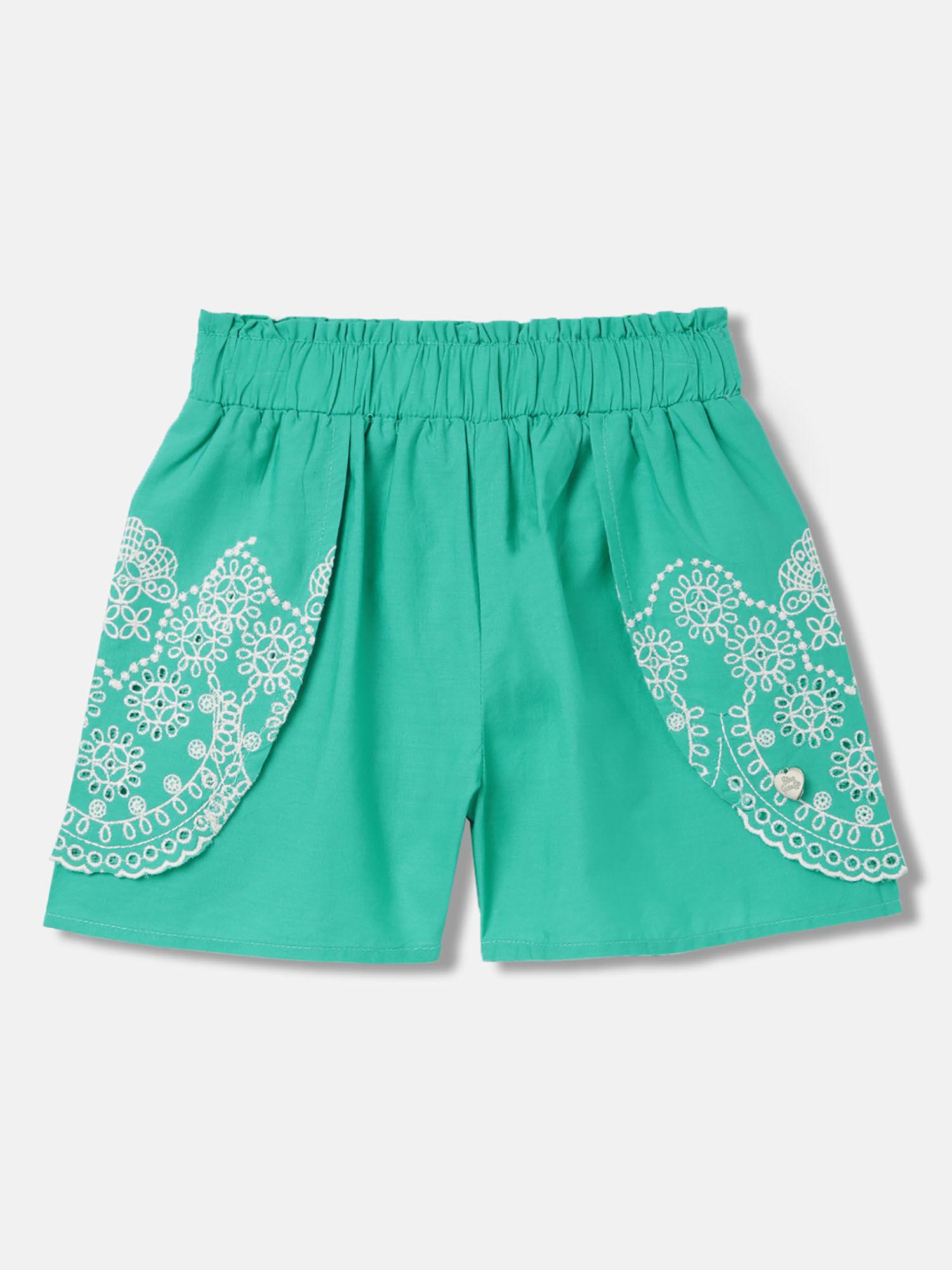 girls green embroidered regular fit mid waist shorts