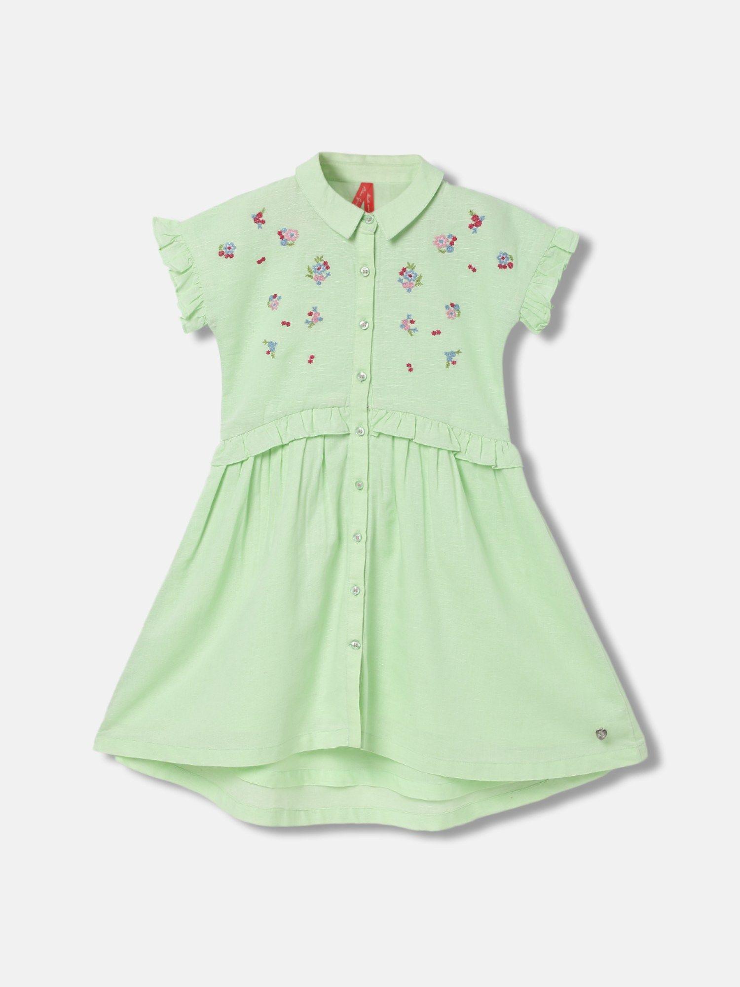 girls green embroidered shirt collar short sleeves dress